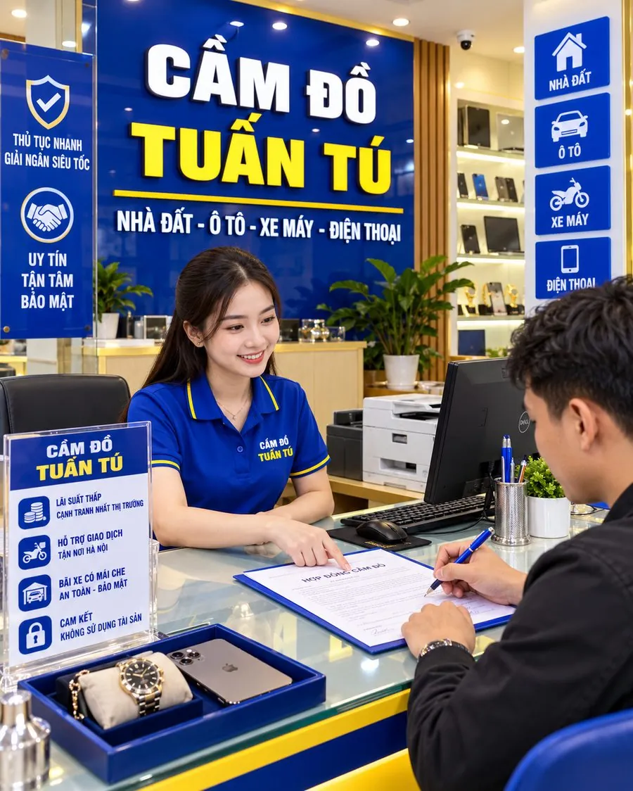 Nhân viên Cầm Đồ Tuấn Tú tư vấn và ký hợp đồng cùng khách hàng tại quầy